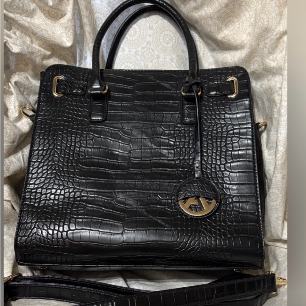 Black Croc-Embossed Shoulder Tote with Gold Accent - Picture 2 of 11